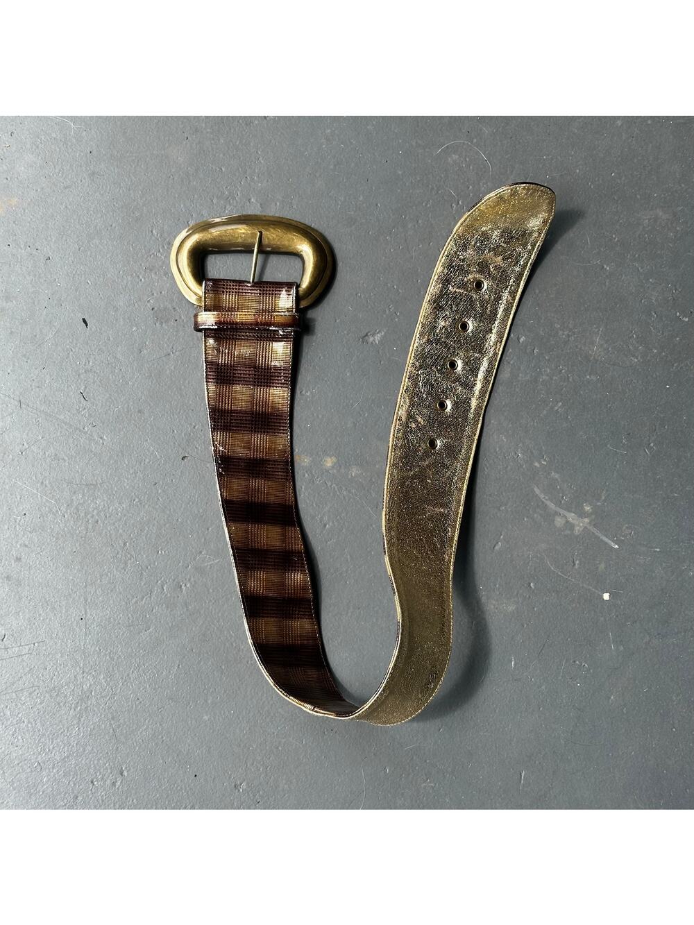 Vanessa Witke Plaid Leather Belt Brown Gold Vintage Y2K